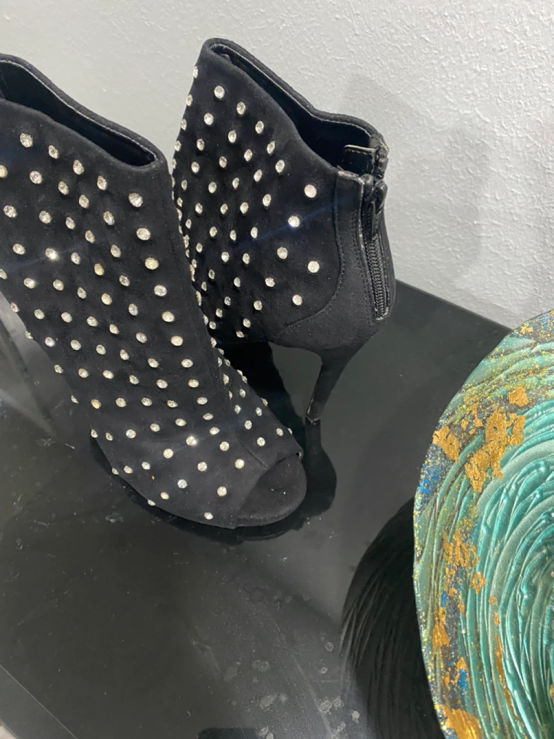 Black Suede Rhinestone Studded Peep-Toe Ankle Boots - photo 2