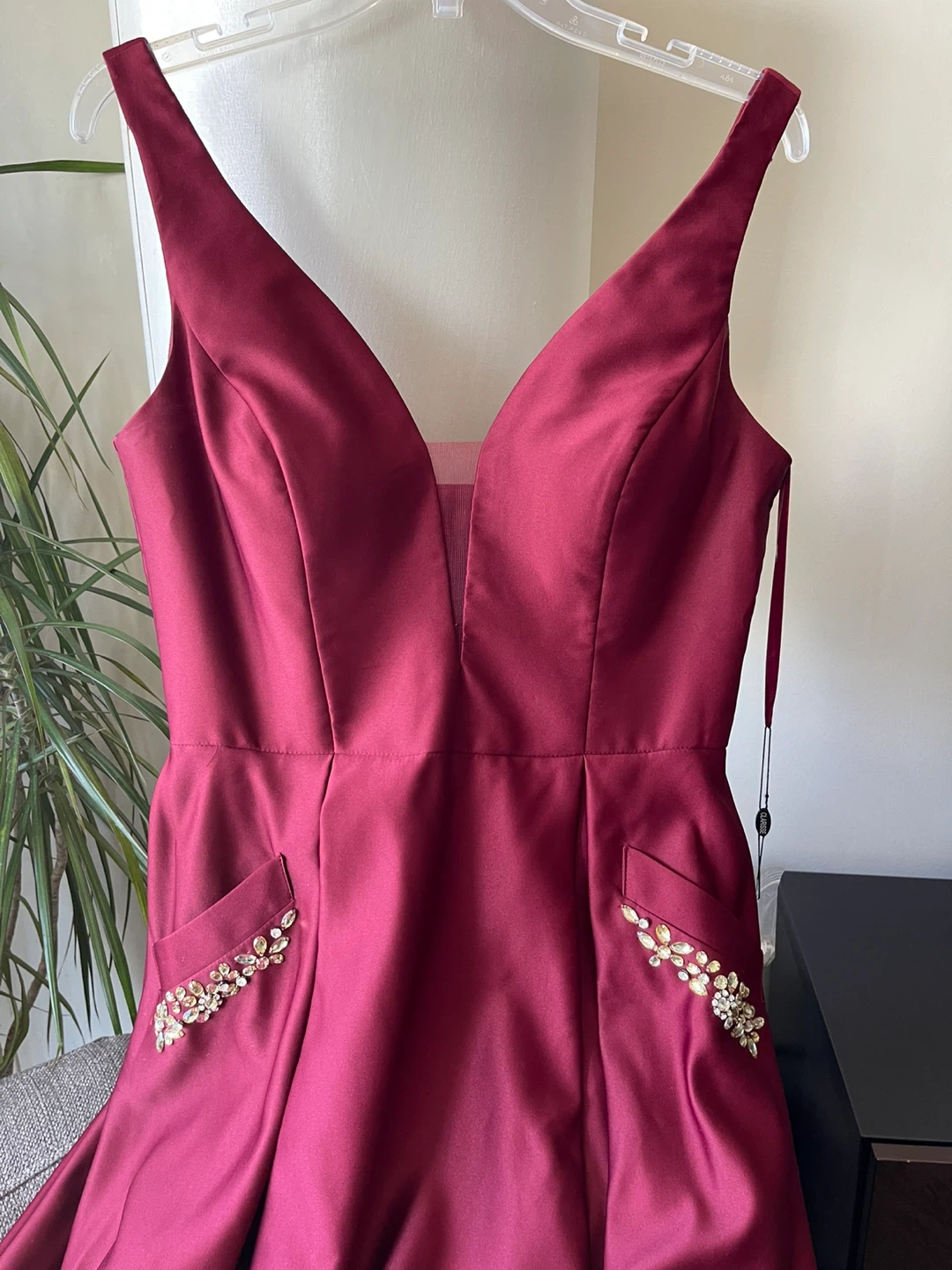 Maroon satin silk Dress with Rhinestone Pockets - photo 3