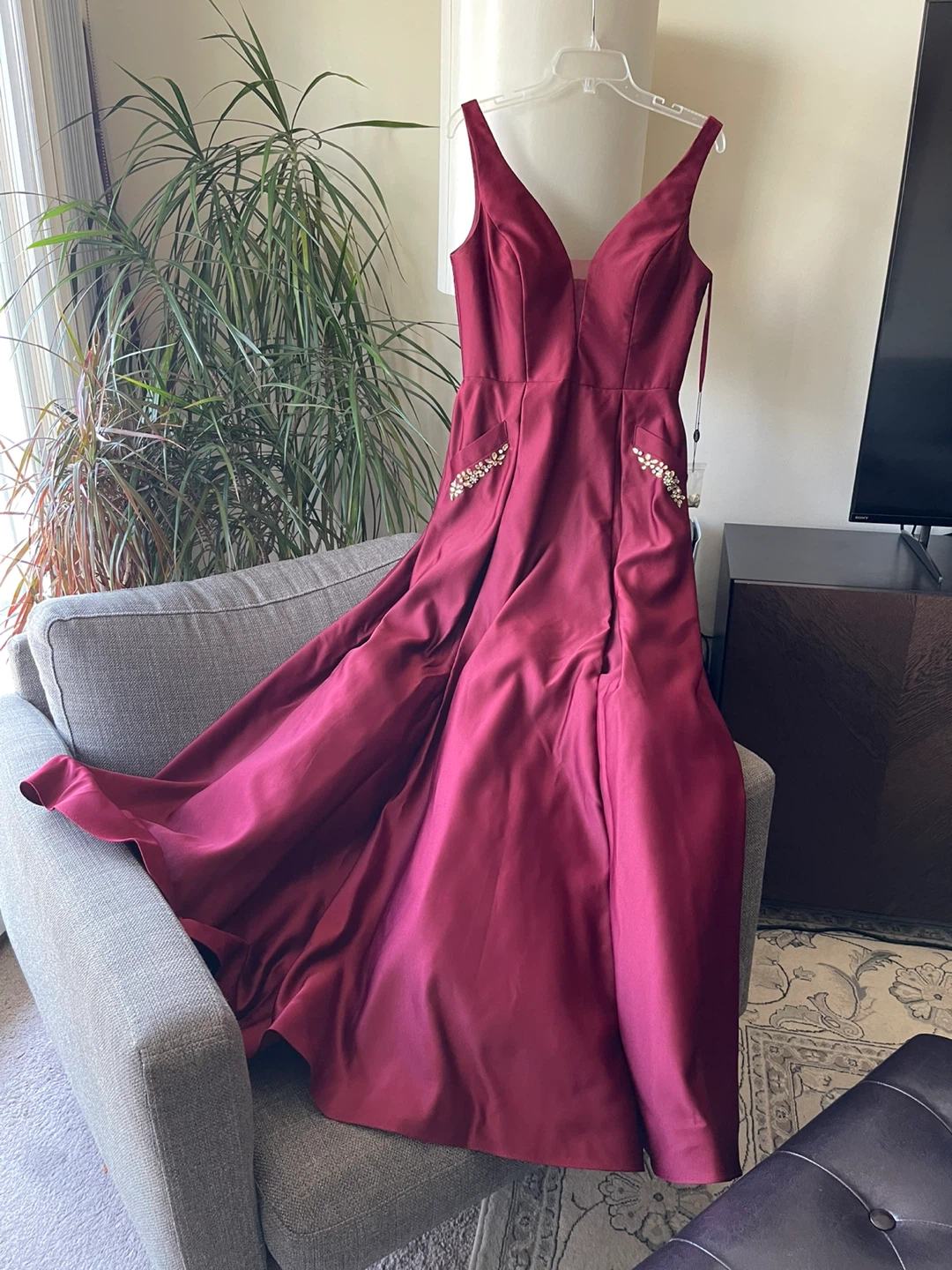 Maroon satin silk Dress with Rhinestone Pockets
