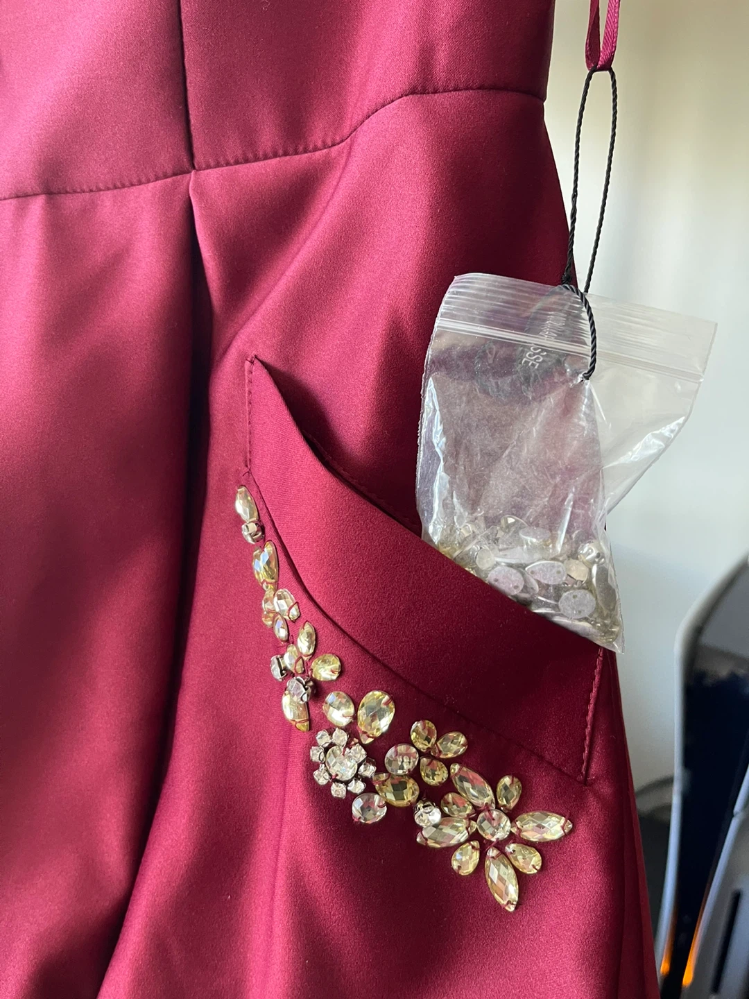 Maroon satin silk Dress with Rhinestone Pockets - photo 2