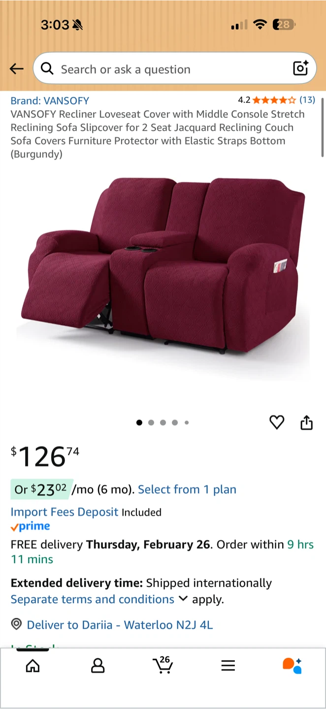 VANSOFY Recliner Loveseat Cover with Console (Burgundy) – NEW