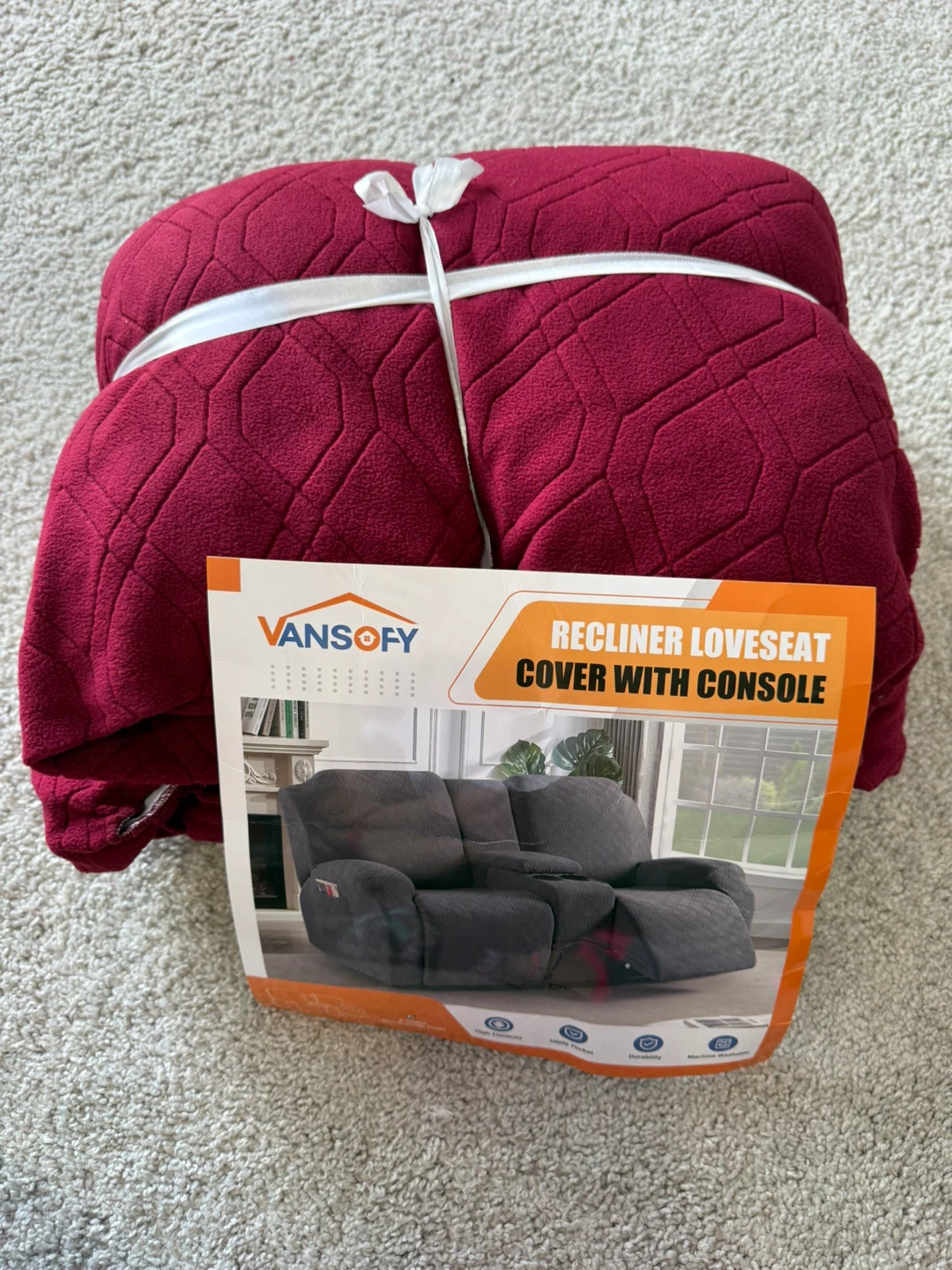 VANSOFY Recliner Loveseat Cover with Console (Burgundy) – NEW - photo 5