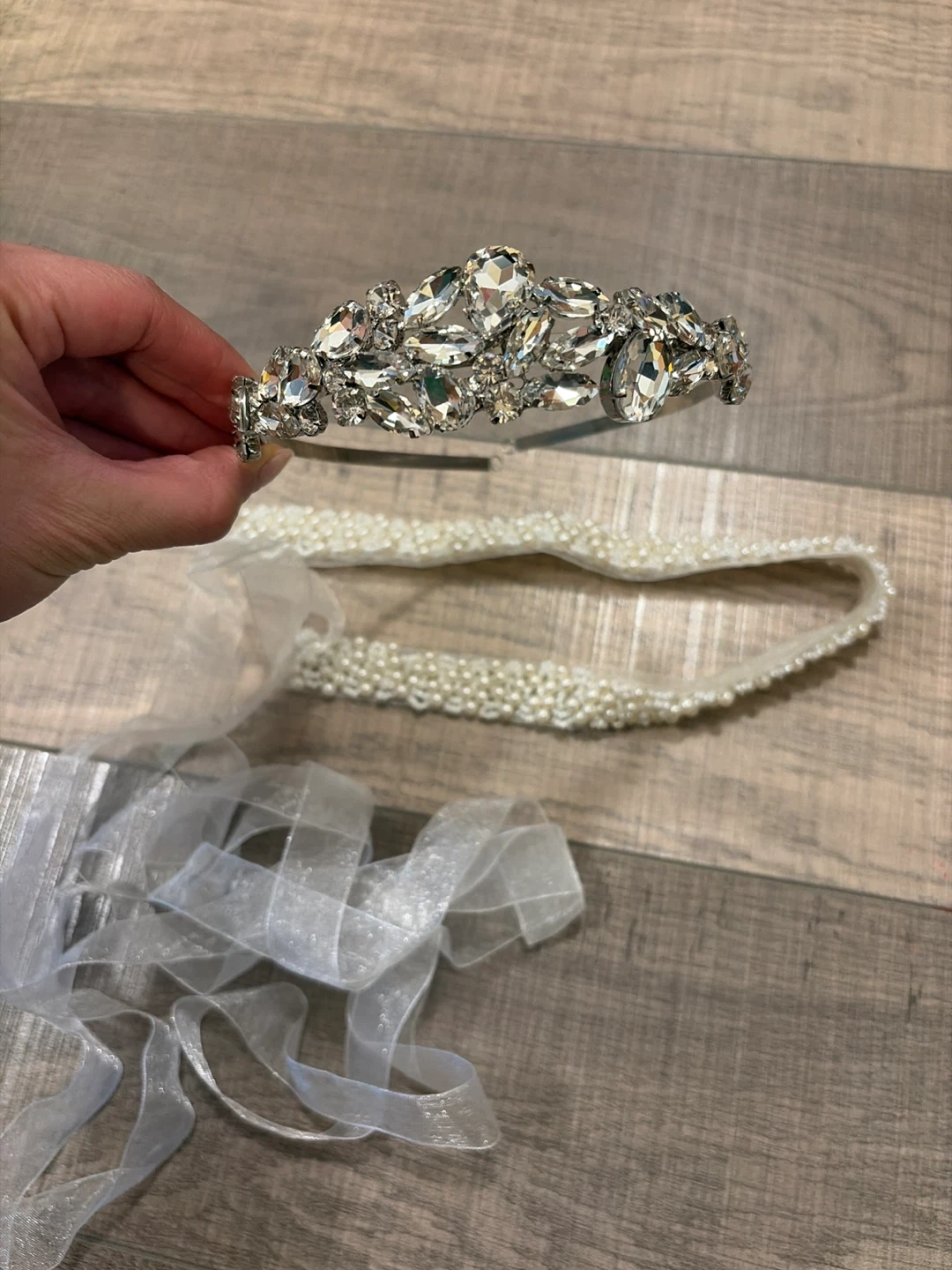 Bridal Tiara with Pearl Trim and Organza Ribbon