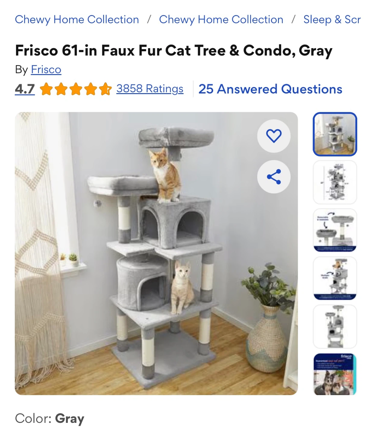 Frisco 61-in Faux Fur Cat Tree & Condo, Gray - photo 2