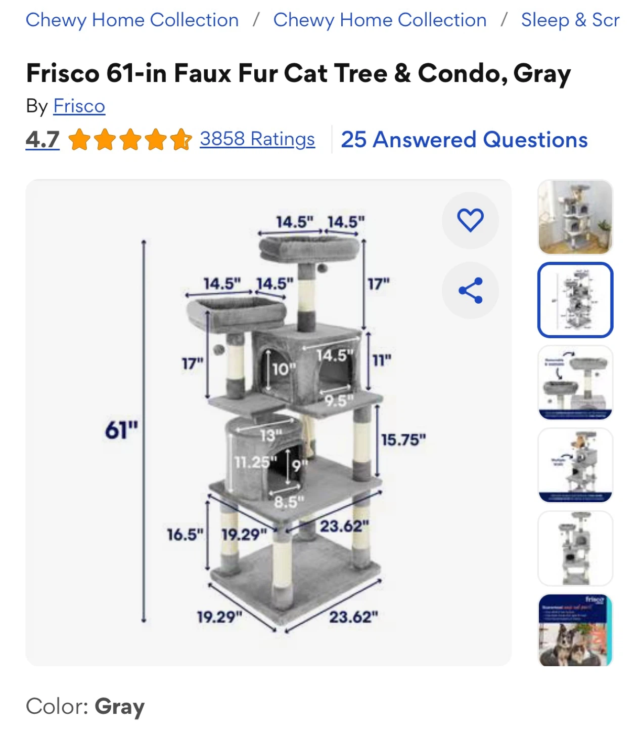 Frisco 61-in Faux Fur Cat Tree & Condo, Gray - photo 3