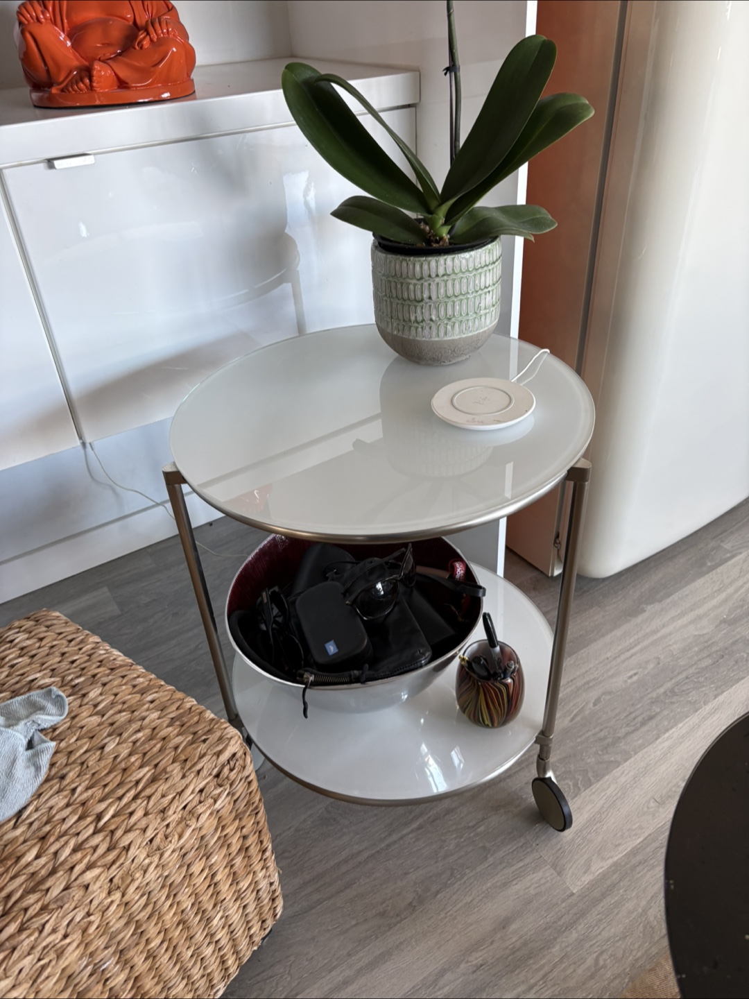 White 2-Tier Round Side Table  tempered glass with Wheels