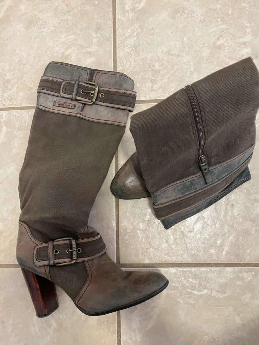 Replay Women's Brown Canvas & Leather Buckle Boots