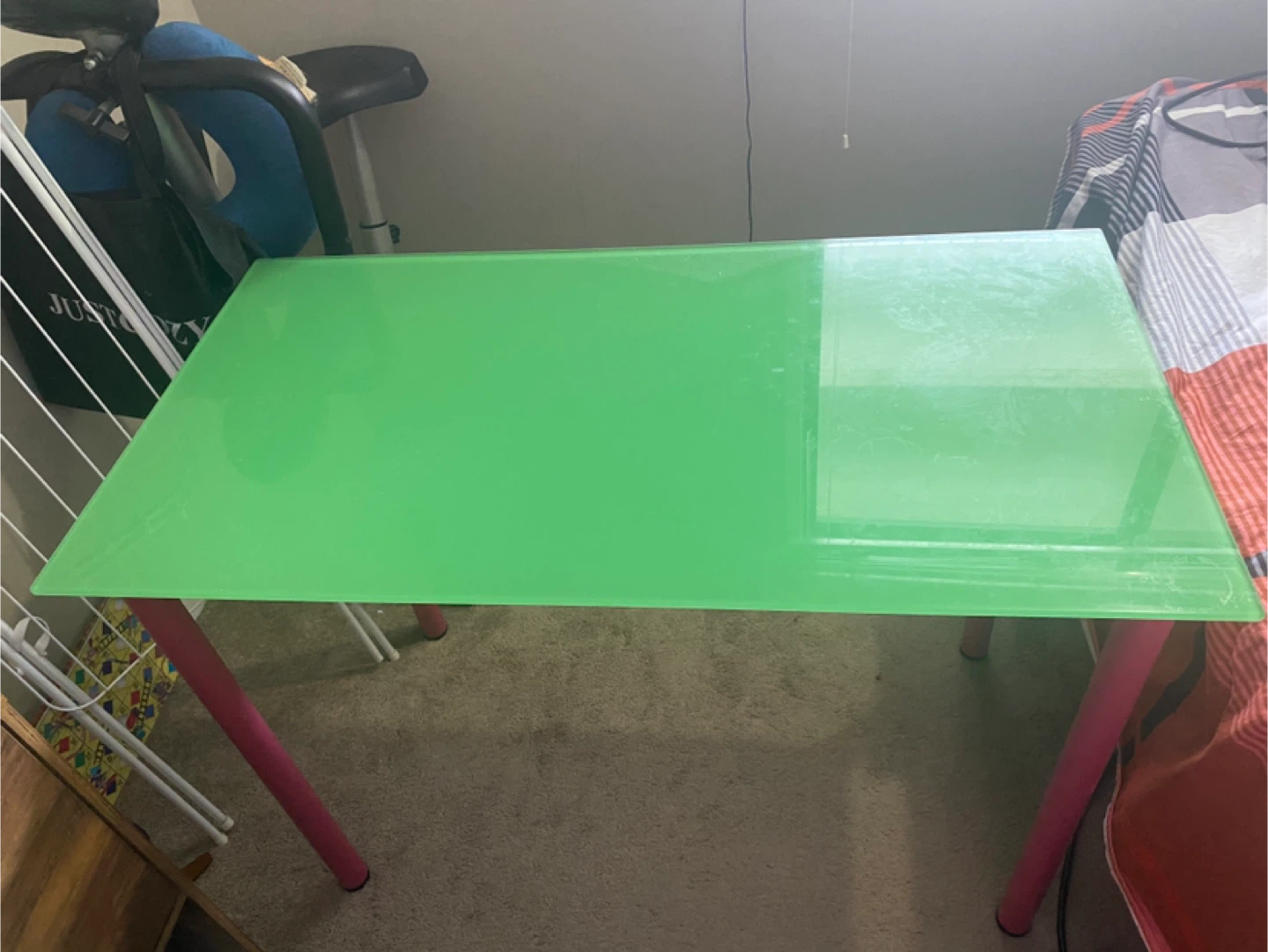 Bright Green Glass Top Desk with Pink Legs