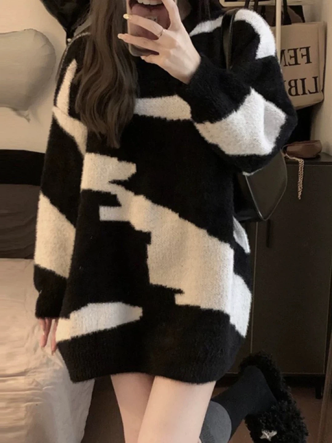 Fluffy Black & White Abstract Sweater