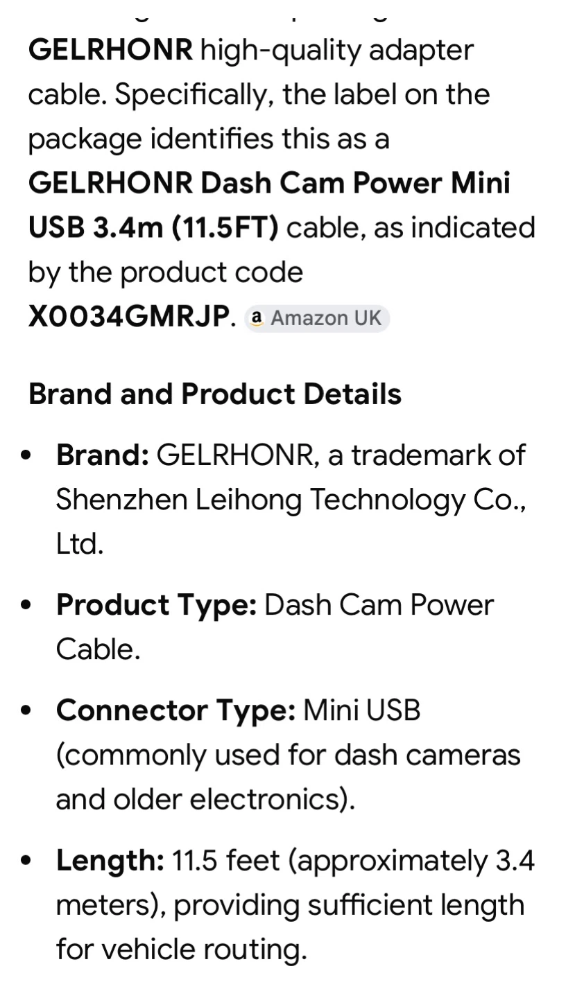 GELRHONR Dash Cam Mini USB Power Cable 11.5FT - photo 4