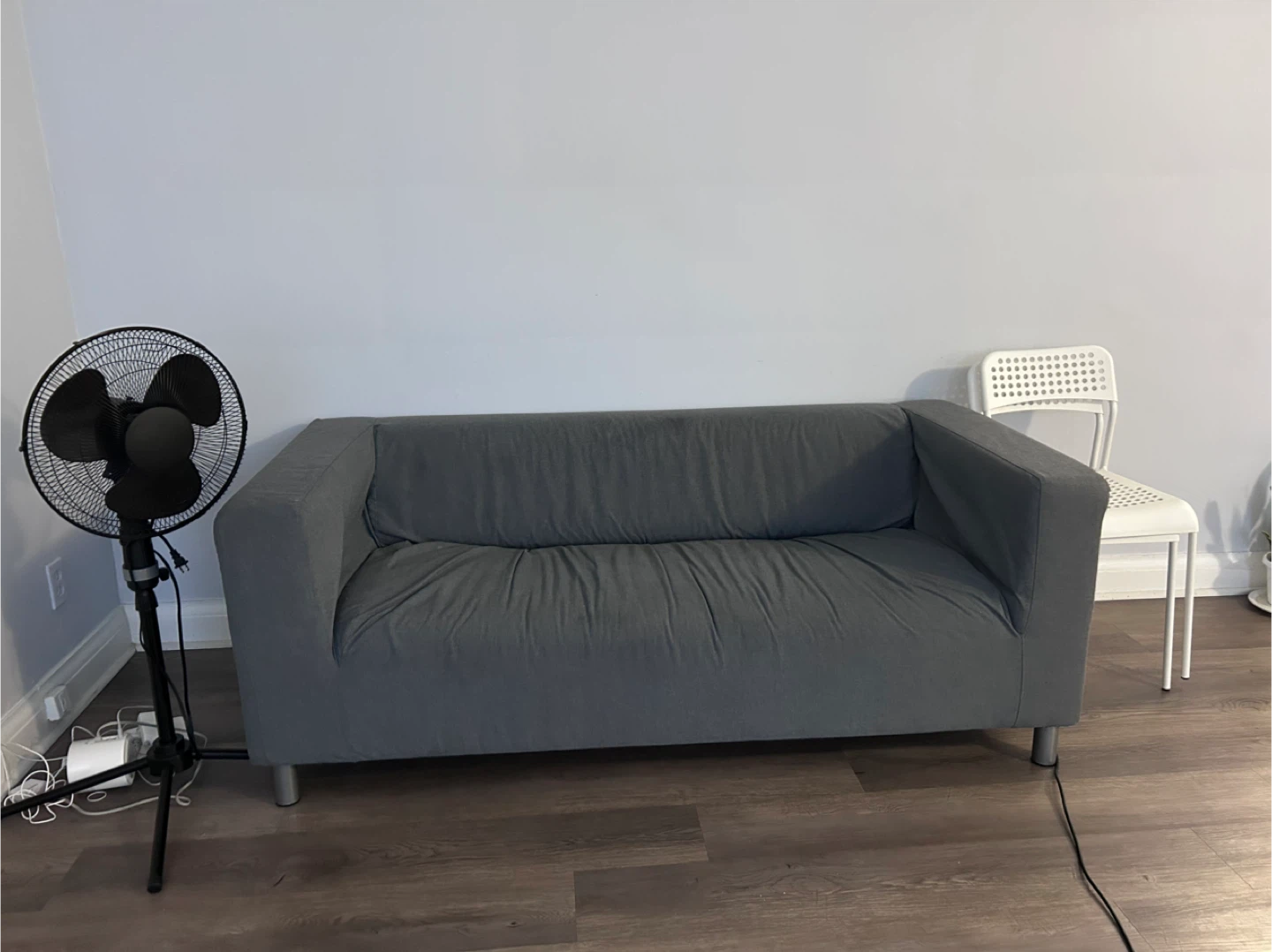 Grey 2-Seater Sofa, 2 chairs, electric fan