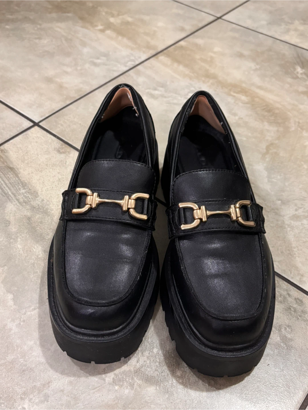 ALDO Women's Black Loafers with Gold Buckle - Size 8