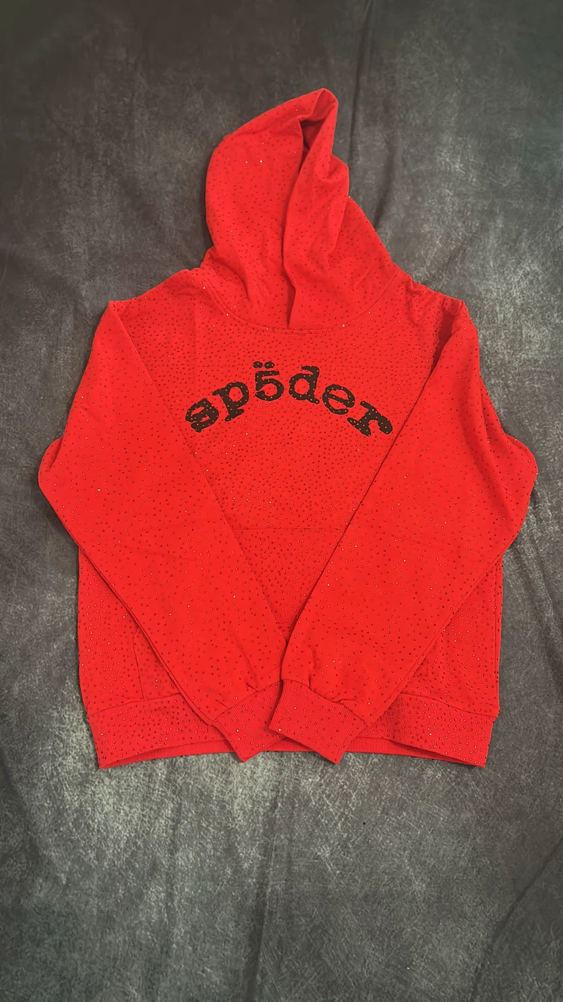 SP5DER Red Hoodie with Rhinestone Logo