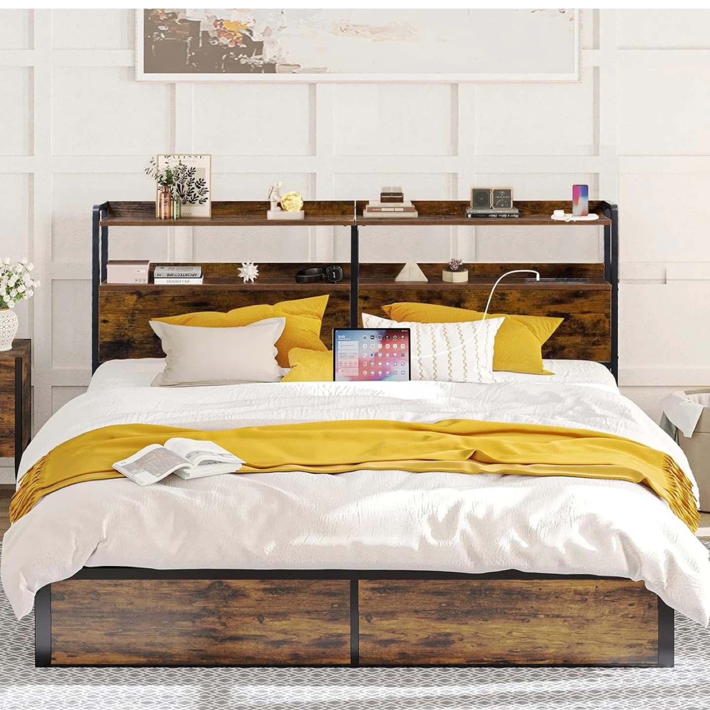 Queen Headboard with Storage, Built-in Outlets & USB Ports, LED - photo 2
