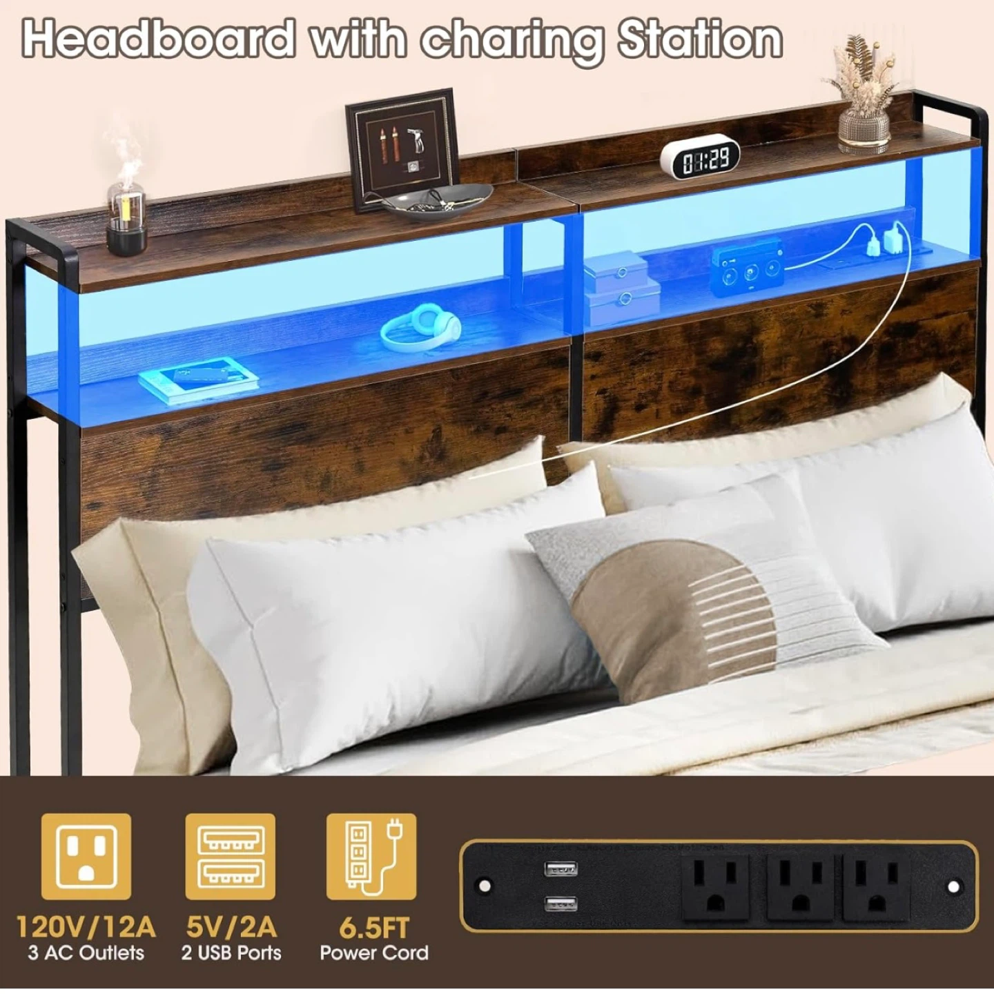 Full Headboard with Storage, Built-in Outlets & USB Ports, LED L - photo 4
