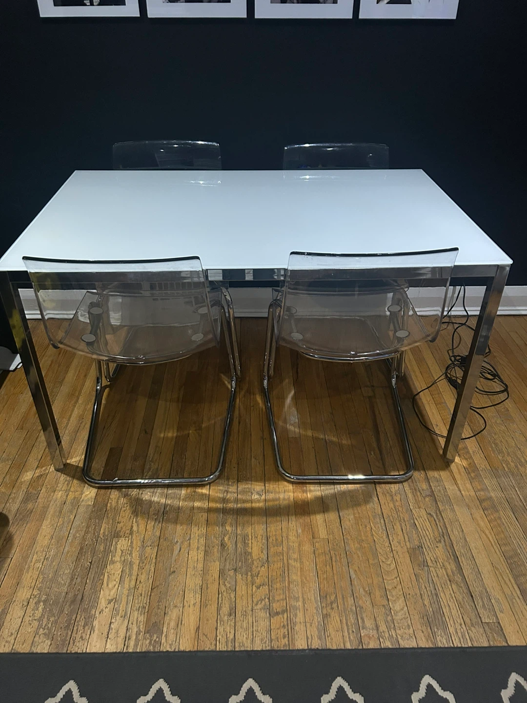 White Glass Dining Table with Chrome Legs & 4 Chairs