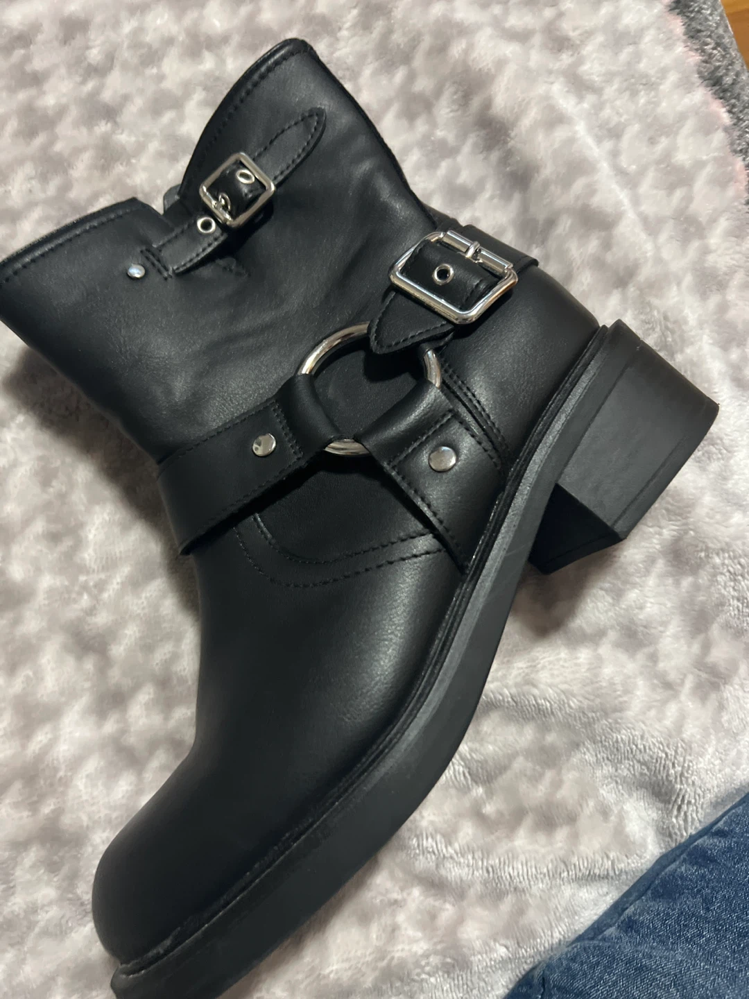 Black Faux Leather Buckle Ankle Boots - Size 8