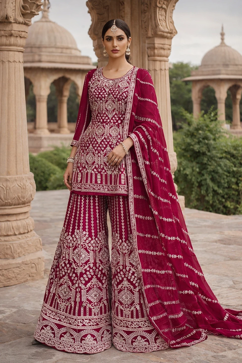 Women's magenta Embroidered Sharara Suit