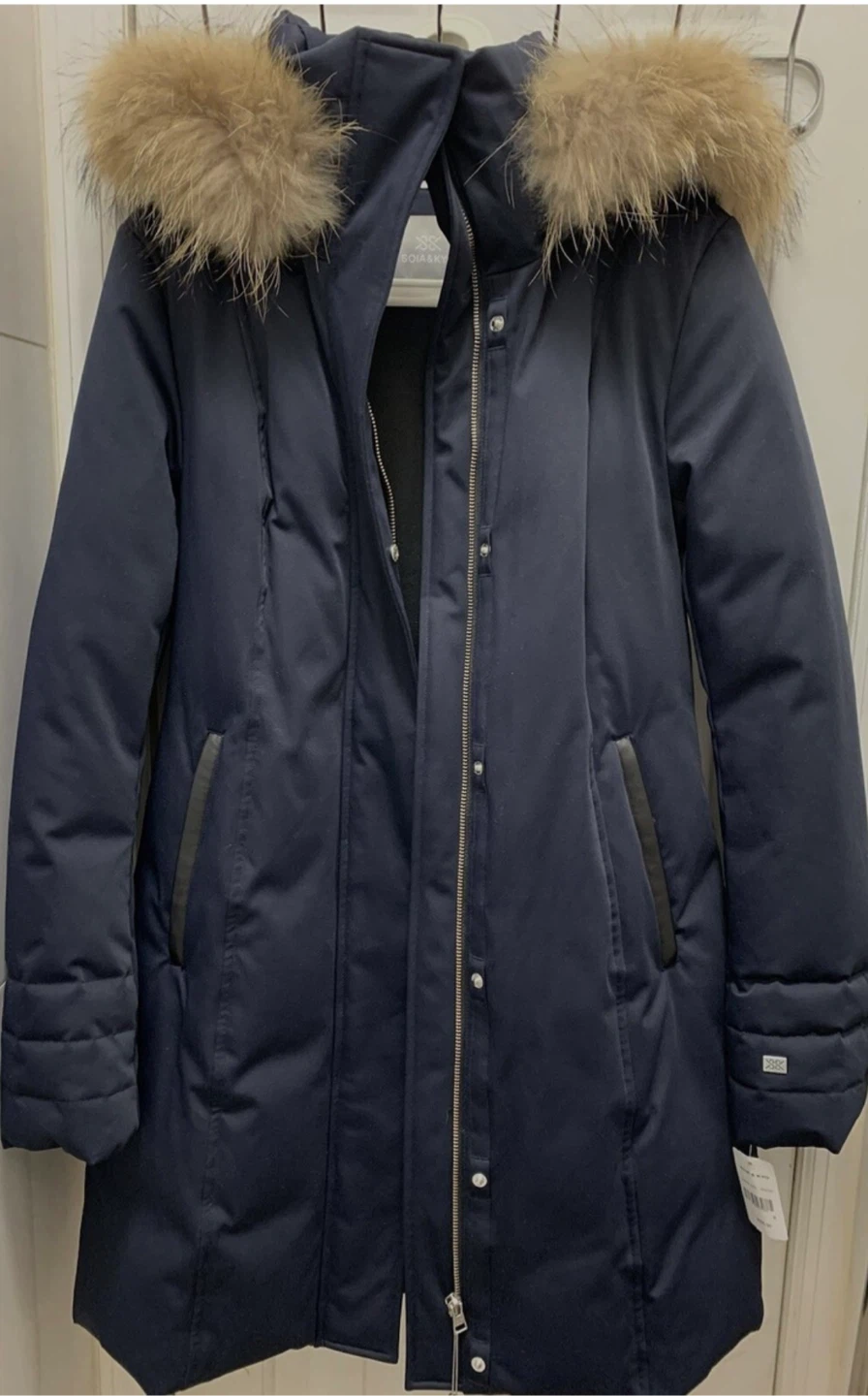 Soia and Kyo Navy Blue Puffer Coat with Fur Trim Hood