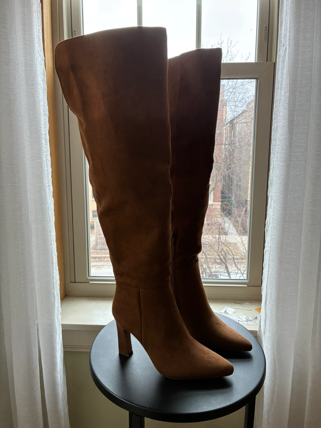 Brown Suede Pointed Toe Knee-High Boots