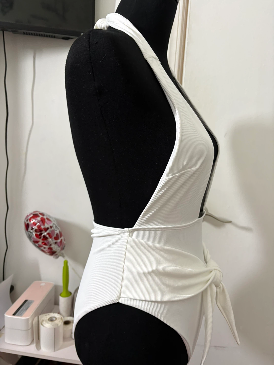White Ribbed Halter Neck One-Piece Swimsuit - photo 4