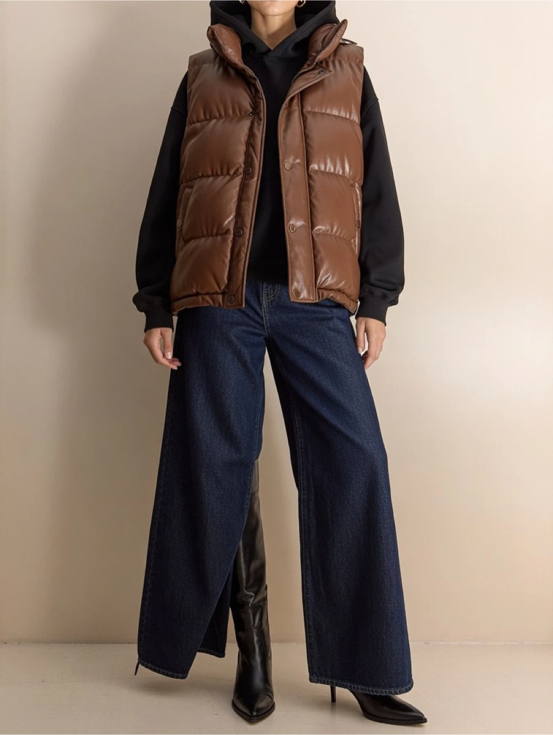 TNA Super Puffer Vest - Brown Vegan Leather