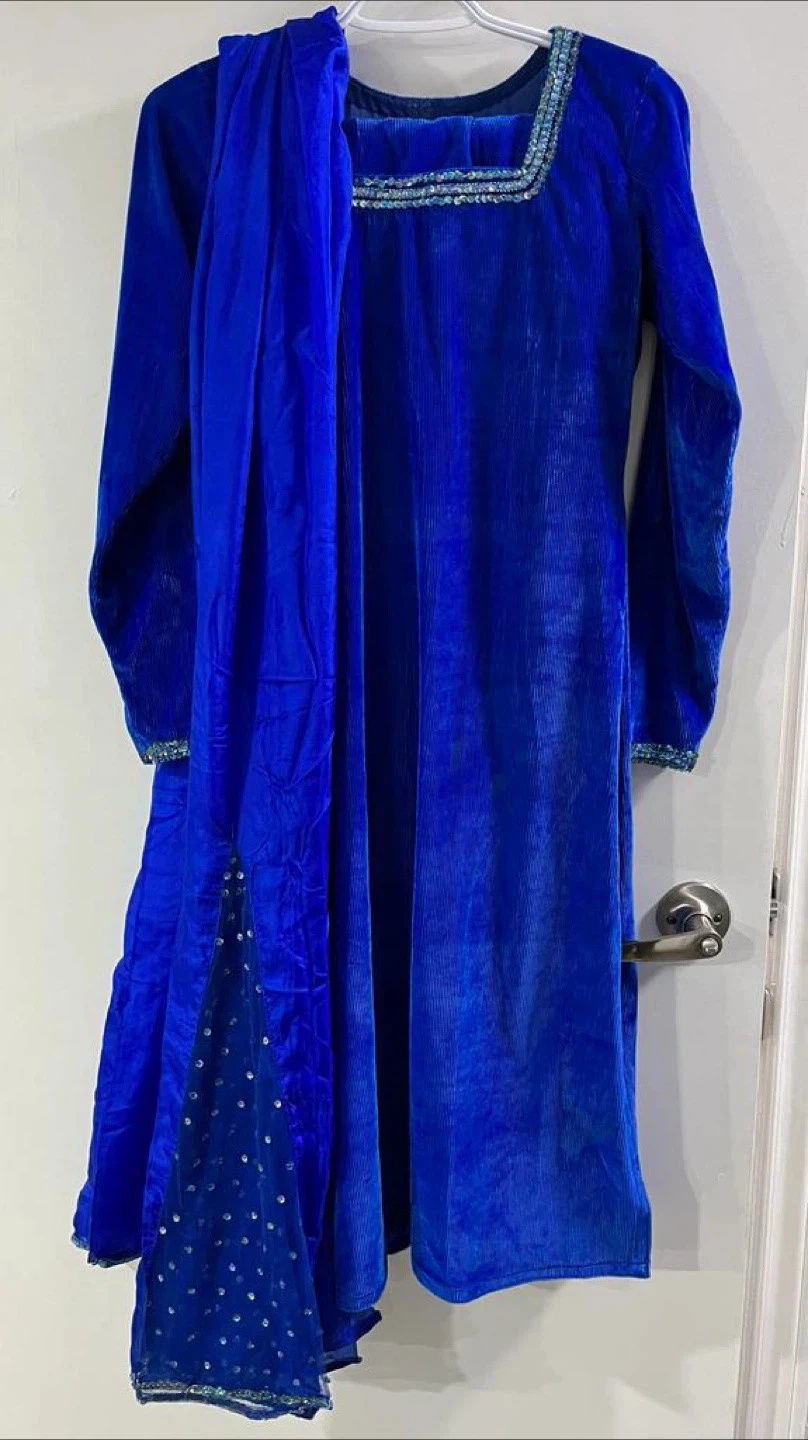 Blue Velvet Kurti with Dupatta and bottom