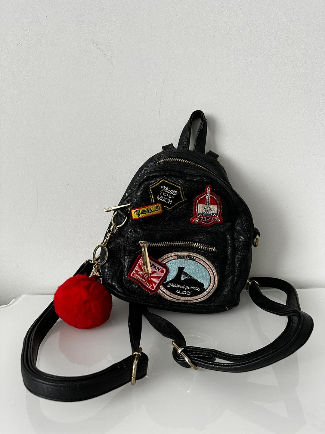 ALDO Black Faux Leather Mini Backpack with Patches