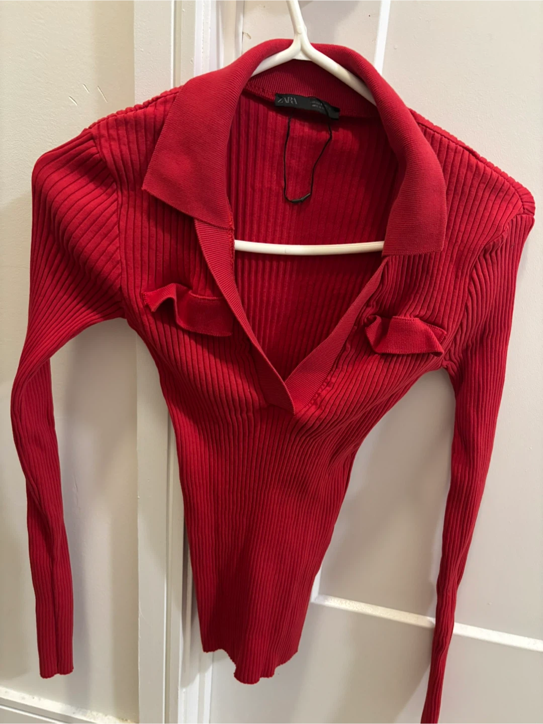 Red Ribbed Collared Long Sleeve Shirt - photo 2