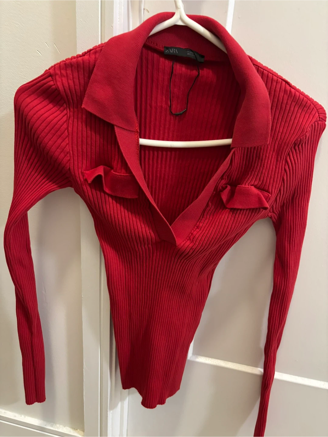 Red Ribbed Collared Long Sleeve Shirt
