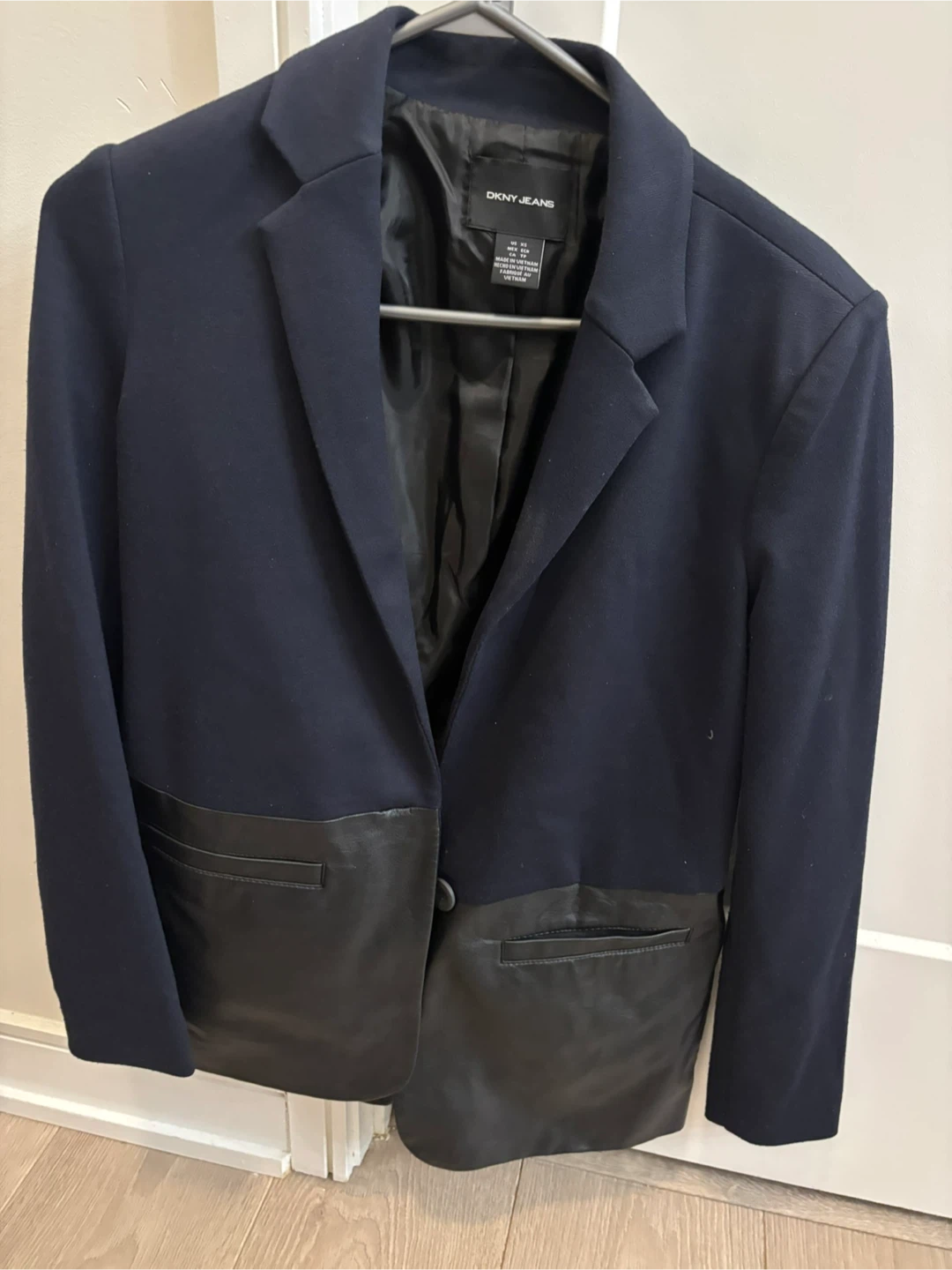 DKNY Jeans Navy Blazer with Black Faux Leather Trim
