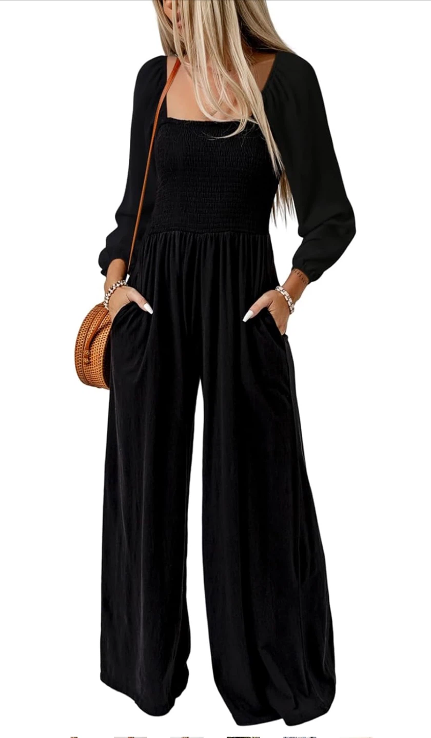 NEW! DOKOTOO Black Wide Leg Jumpsuit with Smocked Bodice