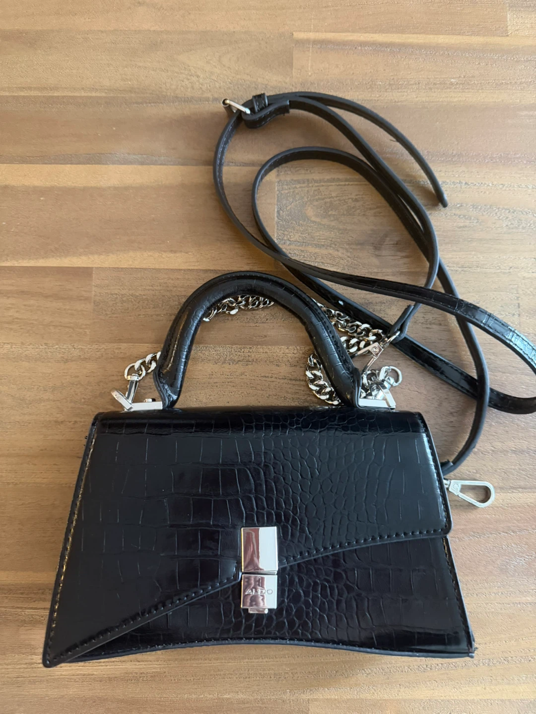 ALDO Black Croc Embossed Top Handle Bag