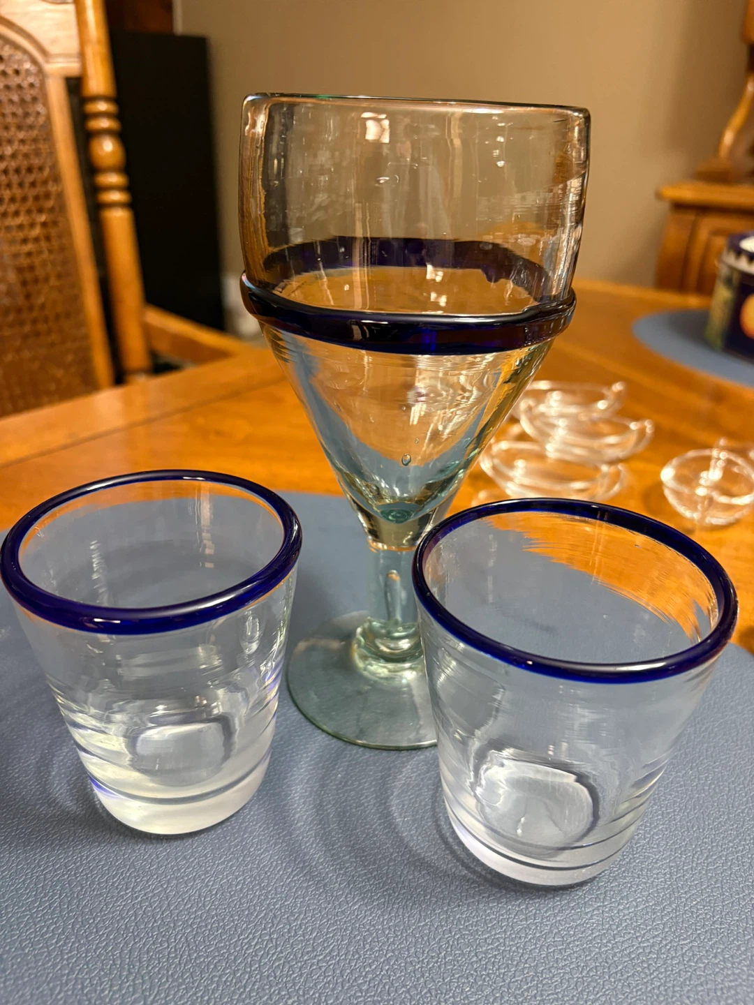 Hand Blown Glassware Set with Blue Rim