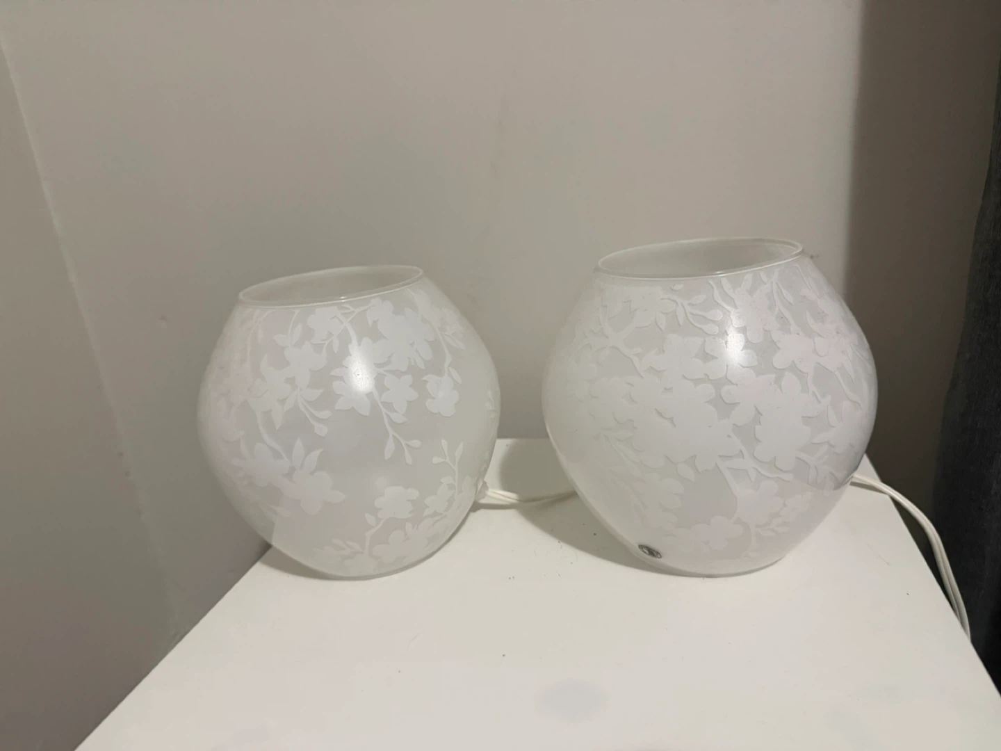 Pair of Frosted Glass Table Lamps with Floral Design