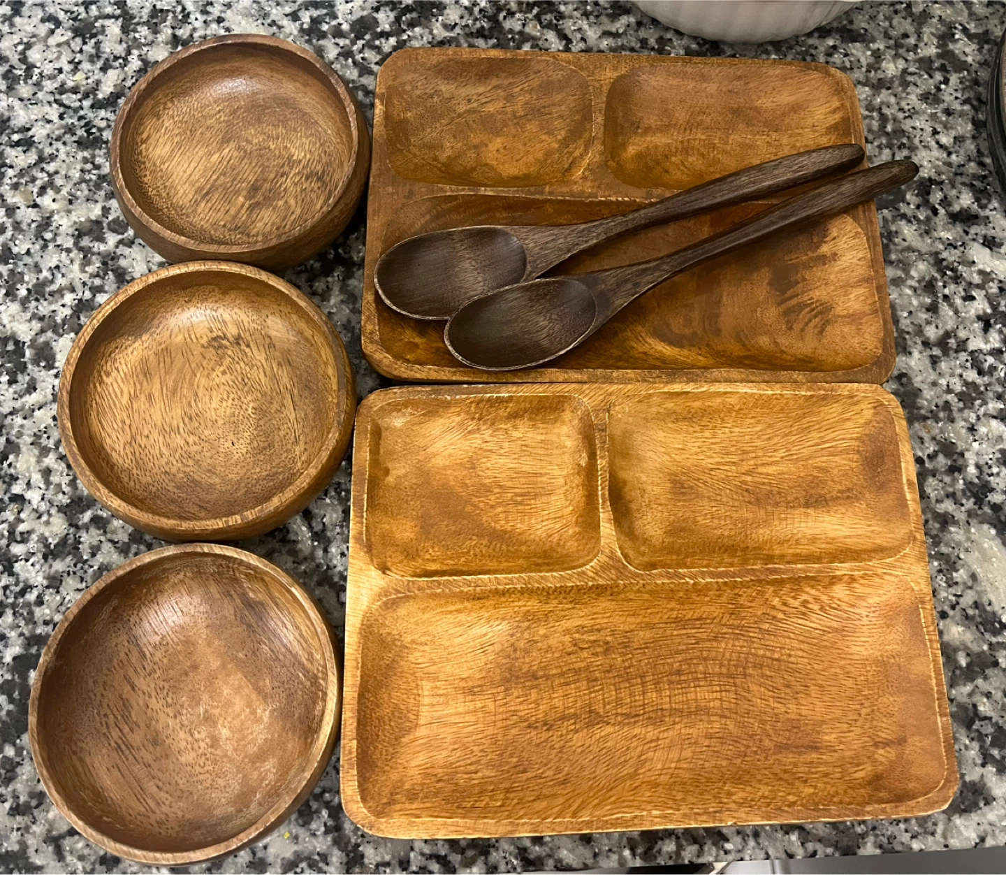 Wooden Serving Platter Set with Bowls and Spoons