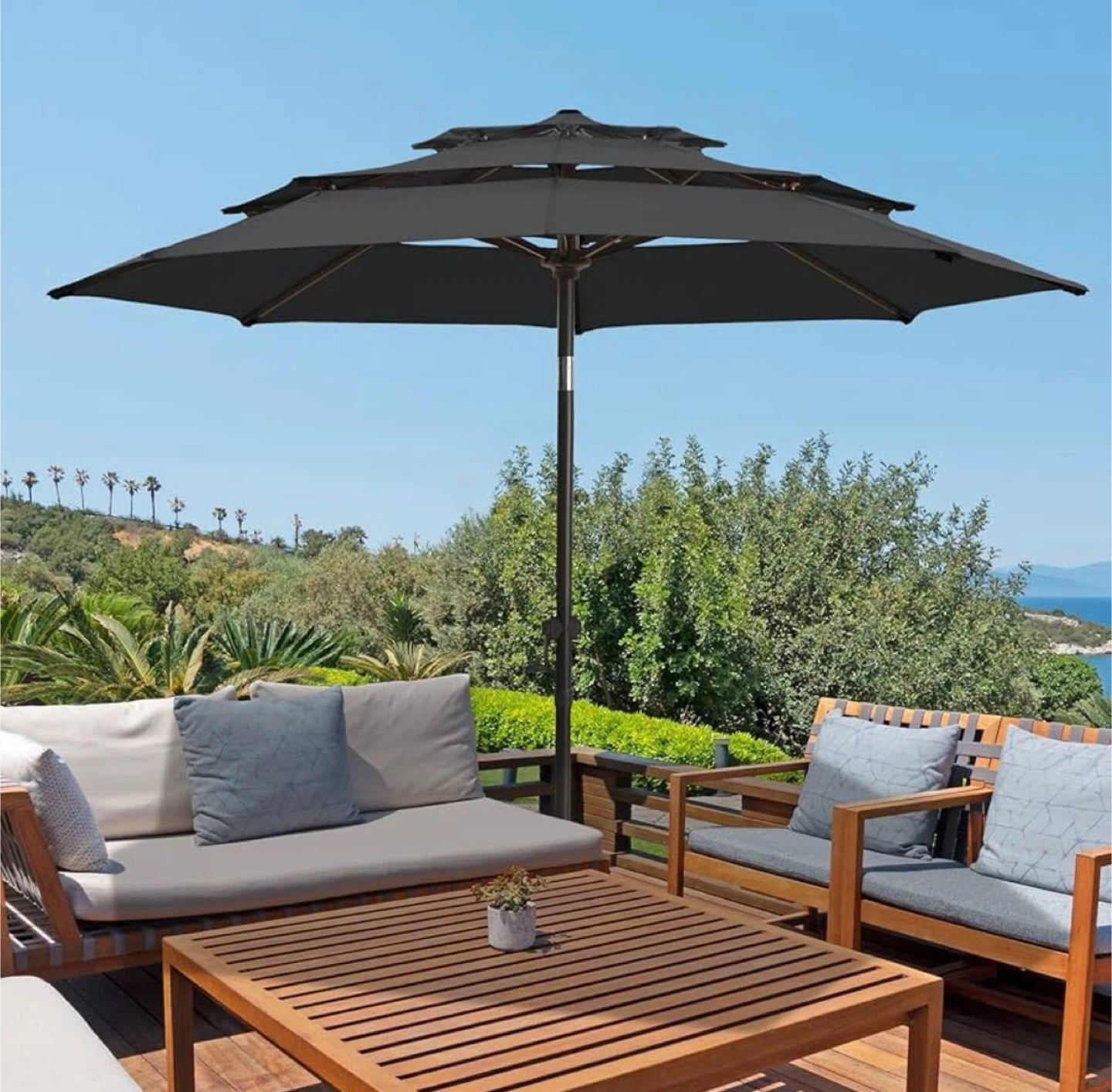 HOMSHADE 9FT 3-Tier Patio Umbrella – Dark Gray – UV50+ – New