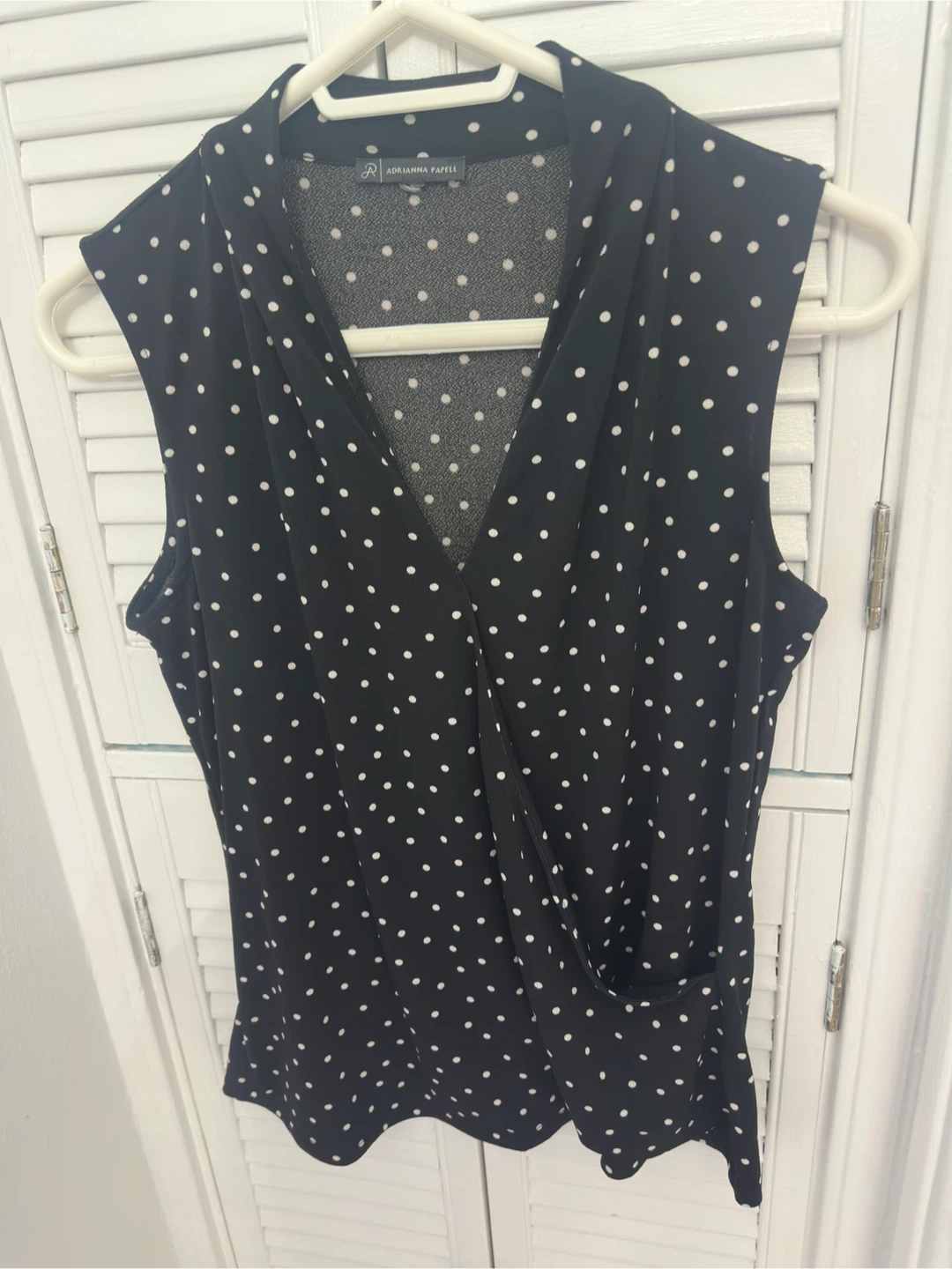 Adrianna Papell Black & White Polka Dot Sleeveless Wrap Top
