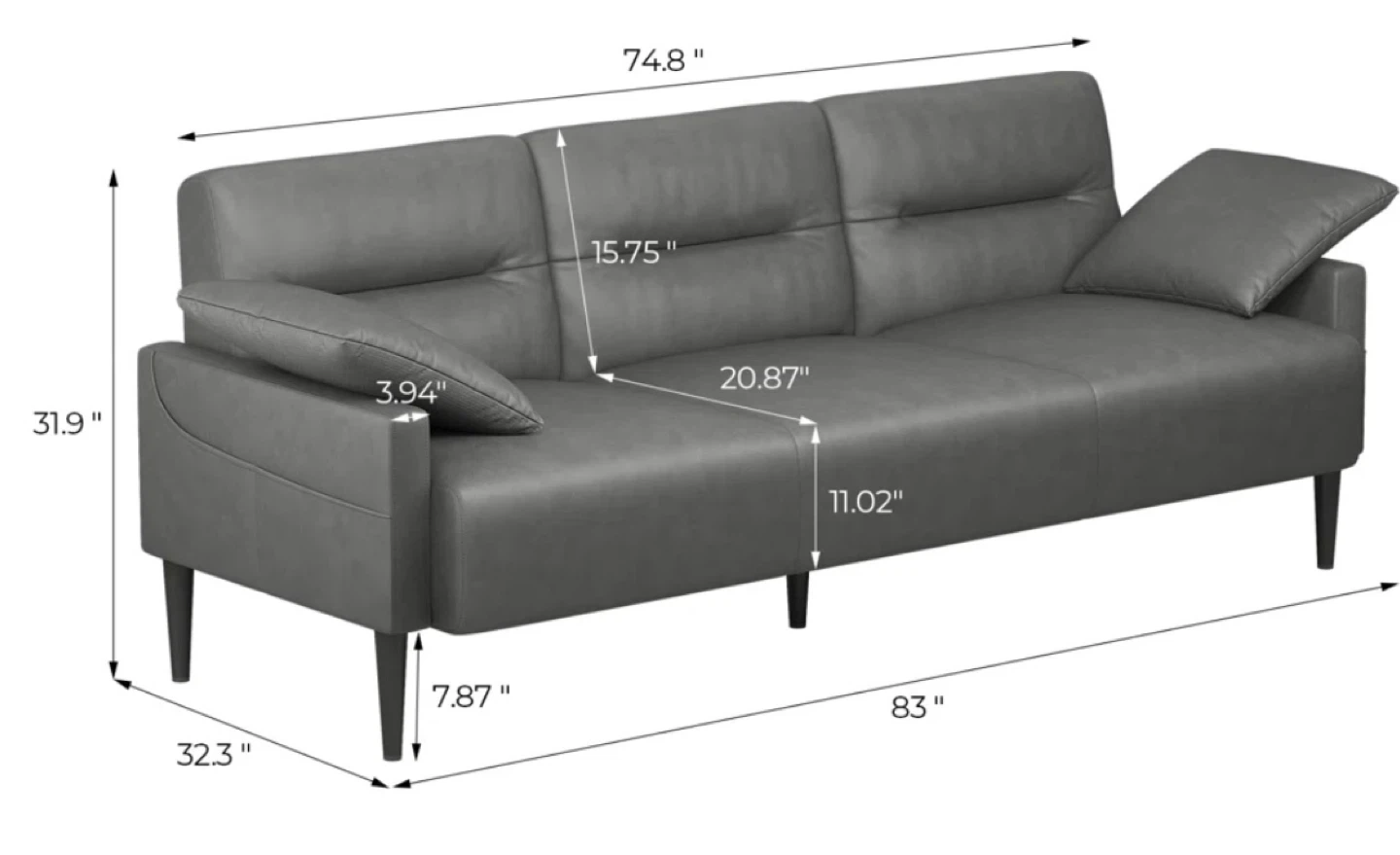 New 83” Faux Leather Upholstered Square Arm Sofa,  Sofa Couch - photo 4