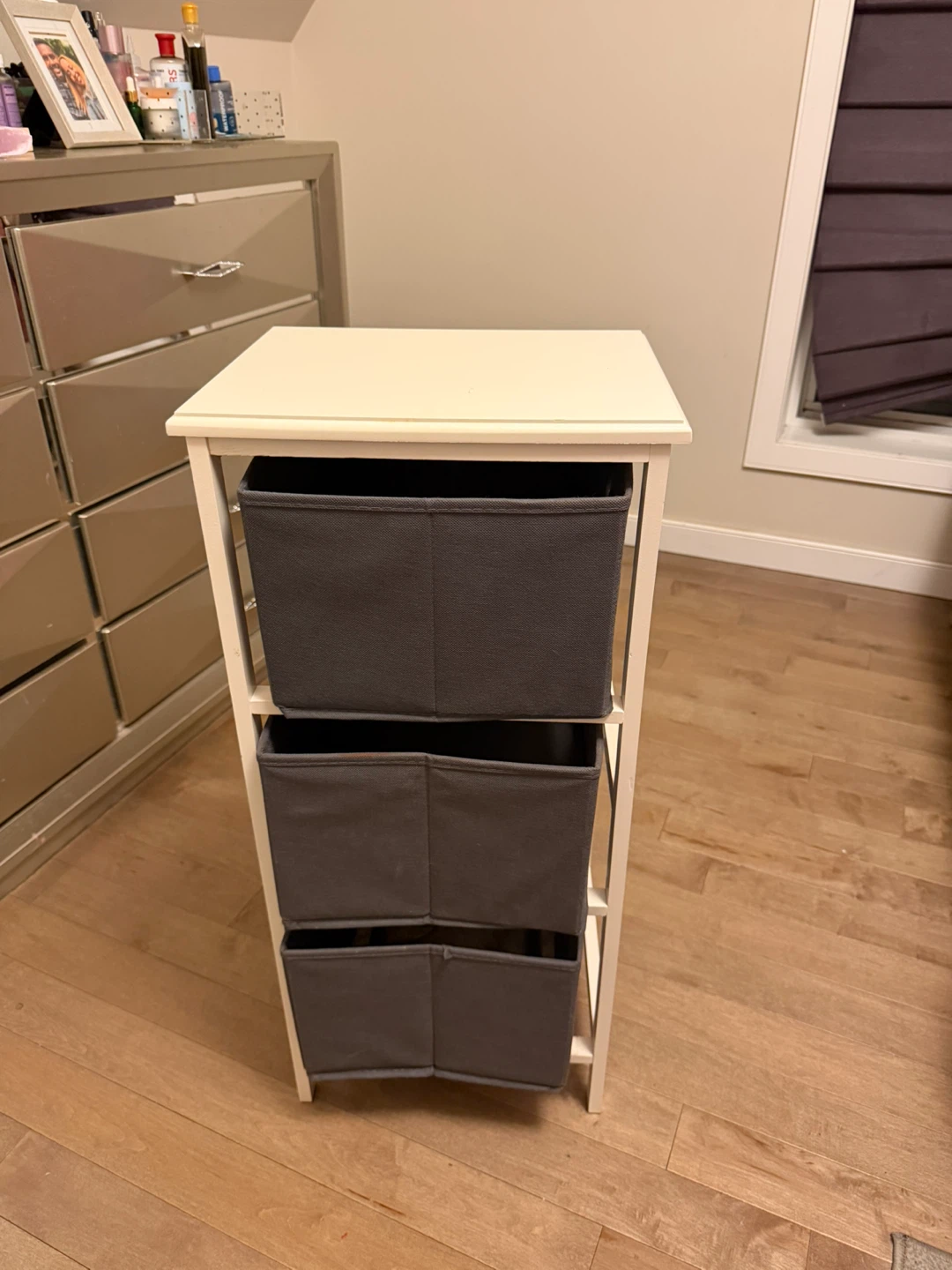 White 3-Drawer Storage Unit with Grey Bins