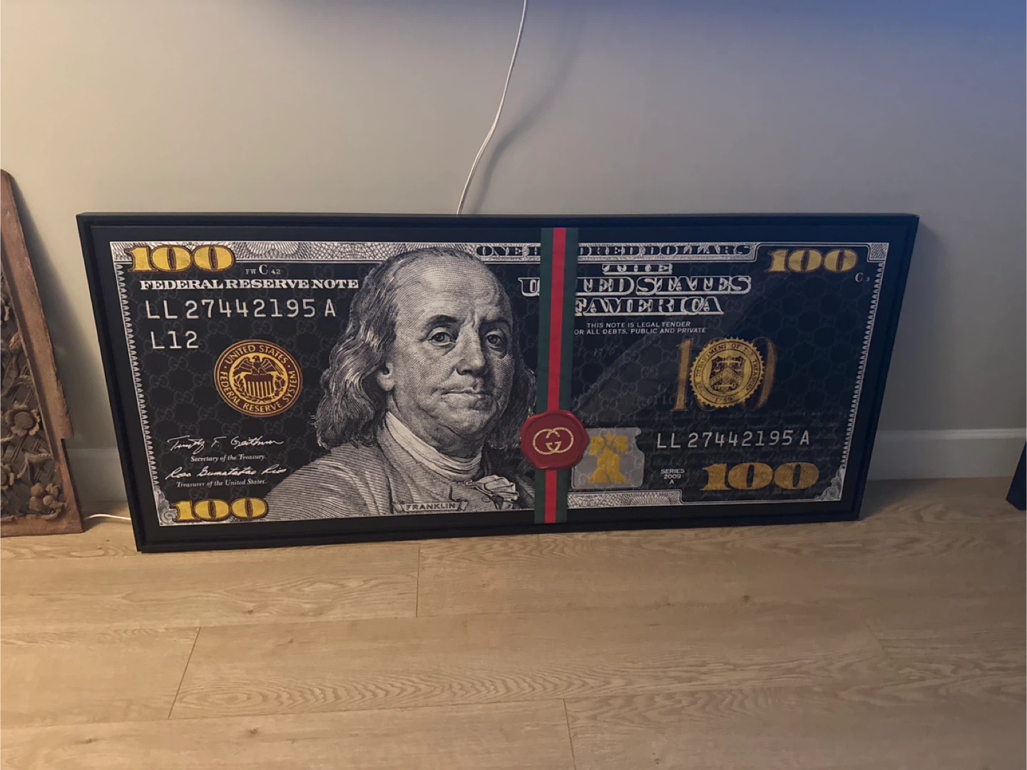 Framed $100 Bill Art with Gucci Stripe