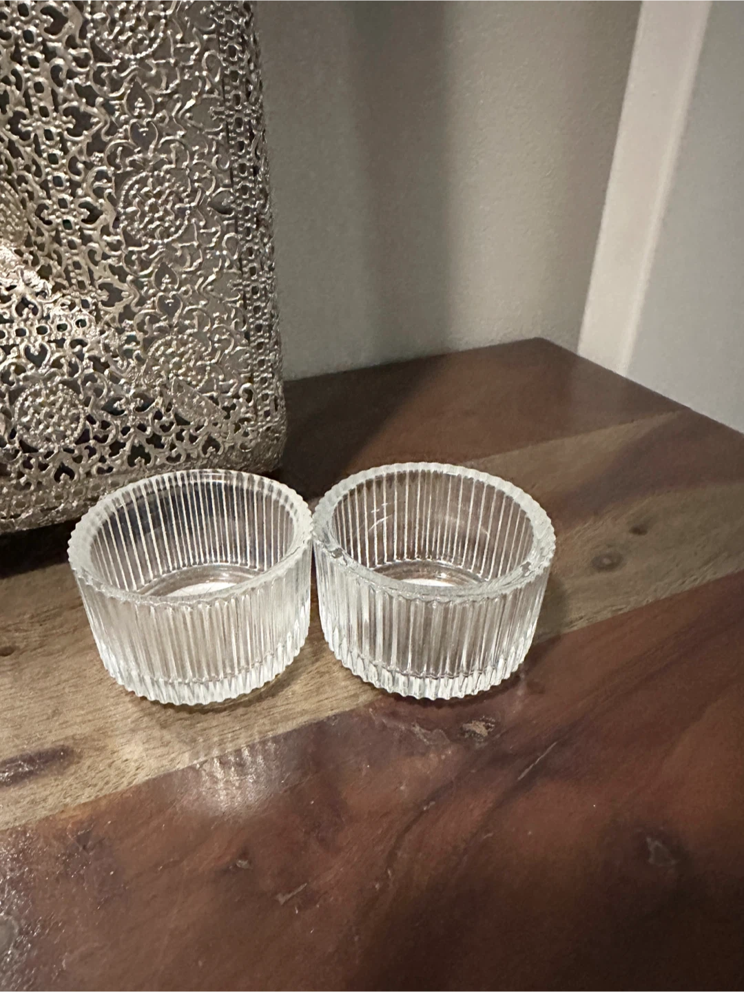 Set of 2 Clear Ribbed Glass Tea Light holders