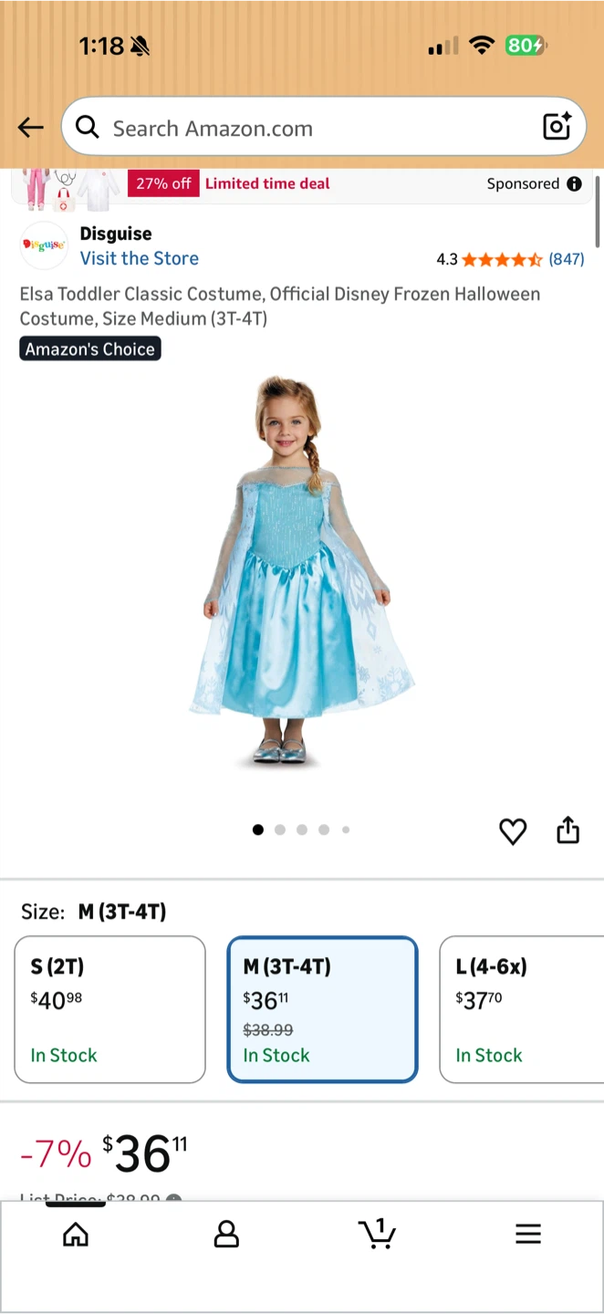 Disguise Elsa Toddler Classic Costume, Size Medium (3T-4T)