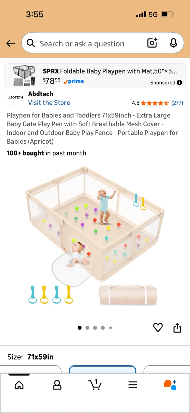 SPRX Foldable Baby Playpen with Mat, 71x59x27 Inch, Apricot