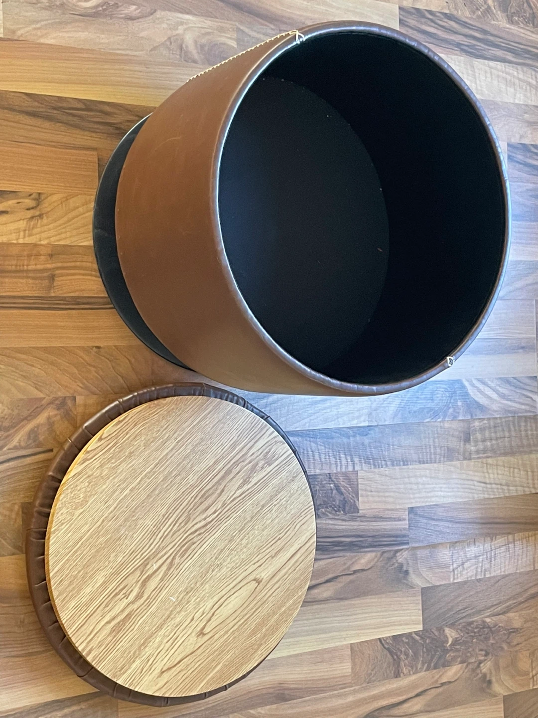 Round Storage Ottoman - Brown Faux Leather - photo 2