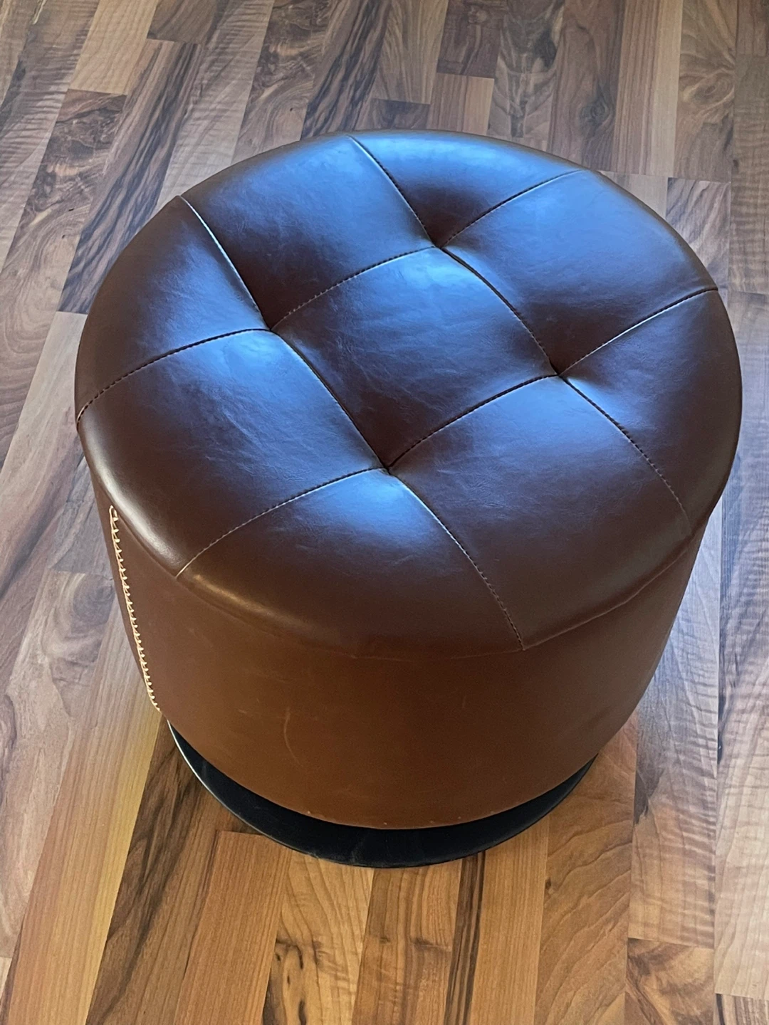 Round Storage Ottoman - Brown Faux Leather