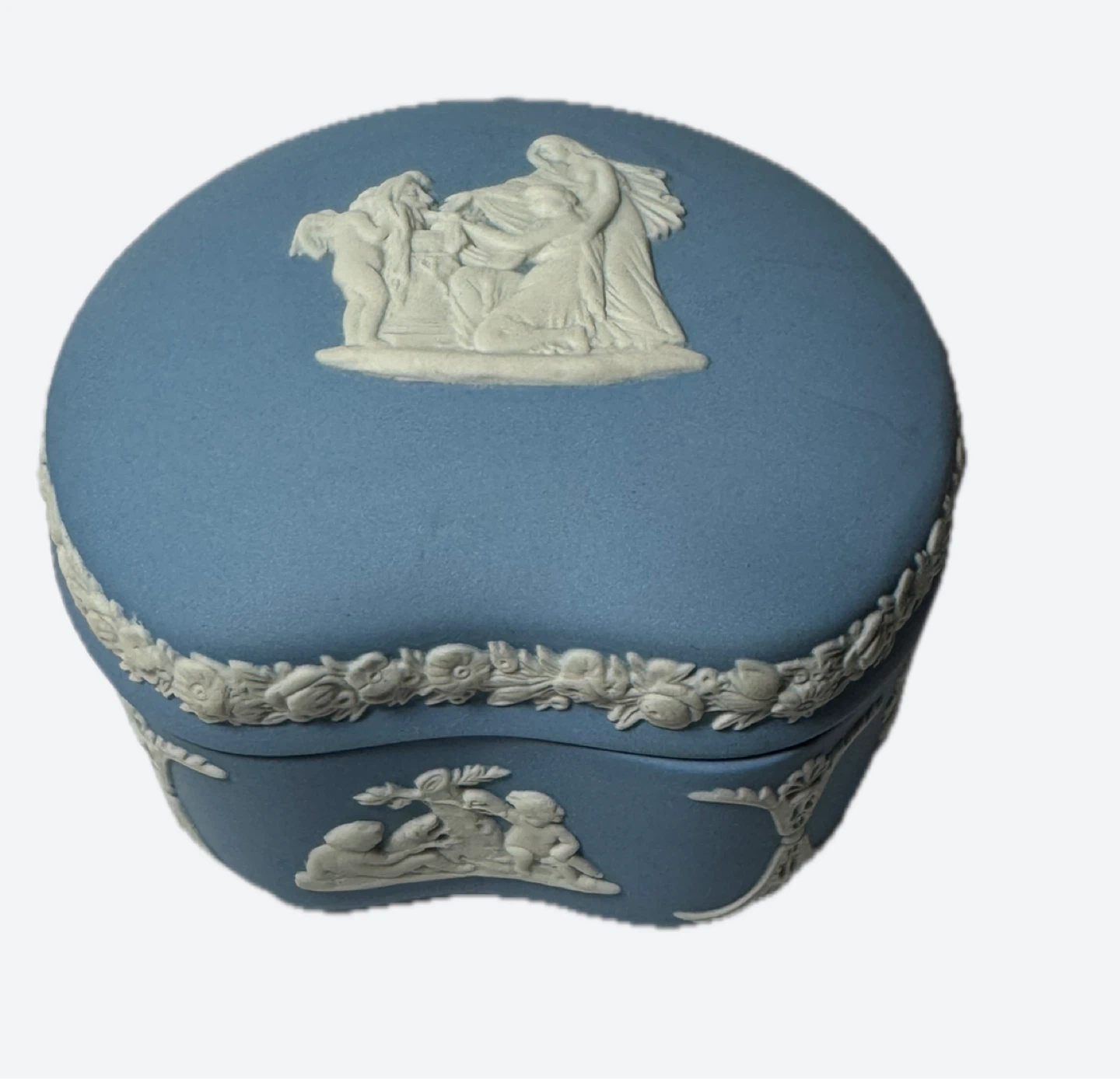 Vintage Jasperware Trinket Box Blue White Cherub Design