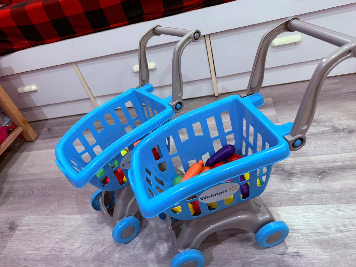 Two Blue Toy Shopping Carts with Play Food - photo 2