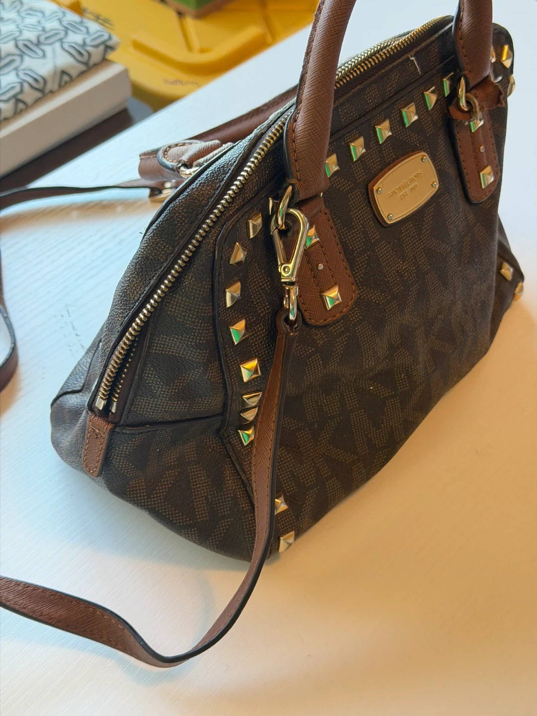 Michael Kors Studded Signature Monogram Satchel Handbag - photo 2