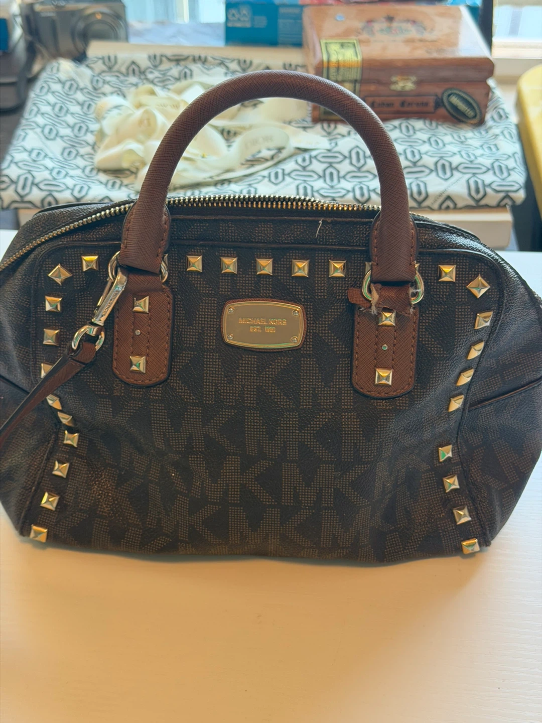 Michael Kors Studded Signature Monogram Satchel Handbag